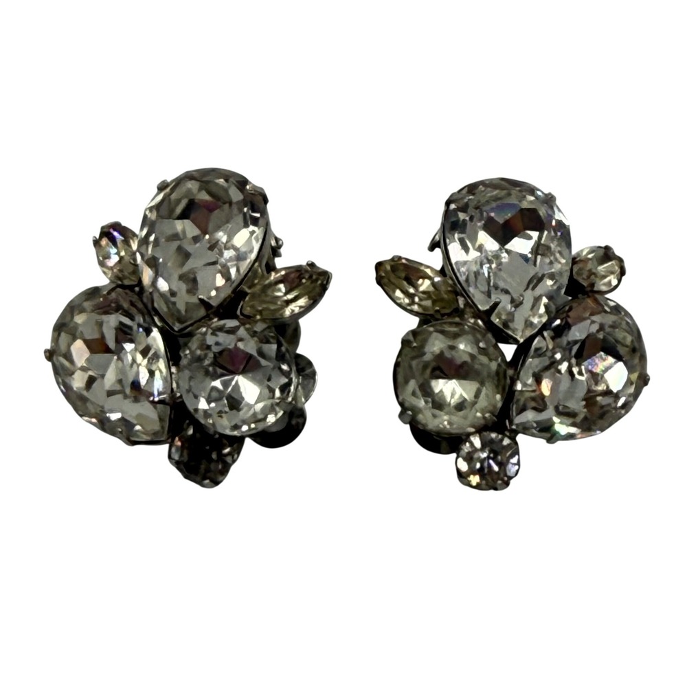 Vintage Signed Alexis Kirk Crystal Cluster Clip Earrings Sparkling Statement 80s